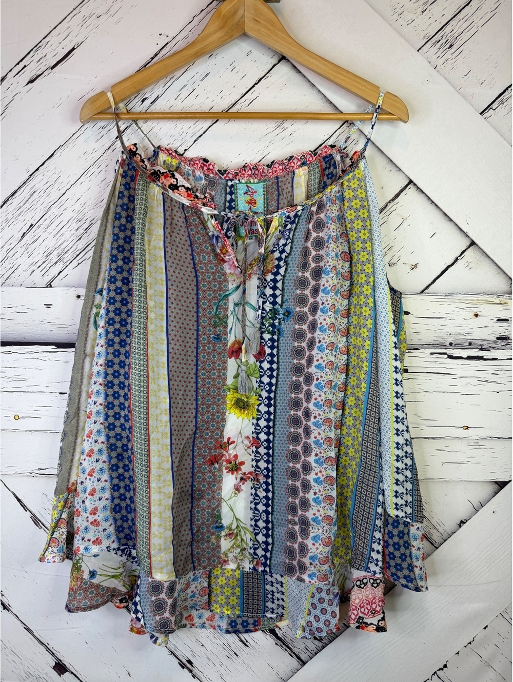 Johnny Was Garden Cold Shoulder Patchwork Blouse Top Medium Mixed Print Women M
